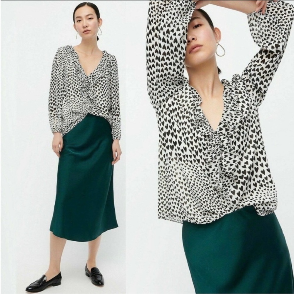 J. Crew All Over Hearts Cream Black Ruffle Trim Blouse Large NWT
